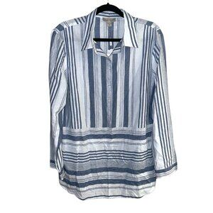 Charlie Paige Blue White Striped Long Sleeve Button Up Boho Casual Tunic Large